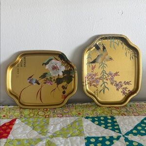 Vintage Floral and Bird Gold Decorative Trays, Elite Trays Made In England 7”x6”